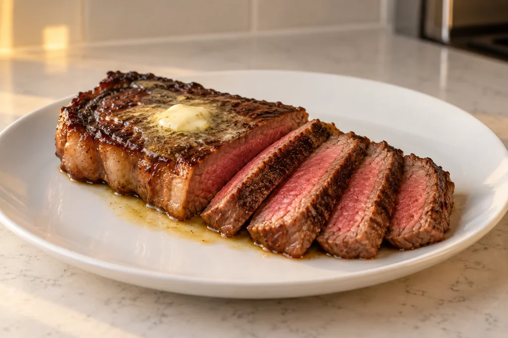 A sliced medium-rare beef strip steak with melted butter on a plain white dinner plate.
