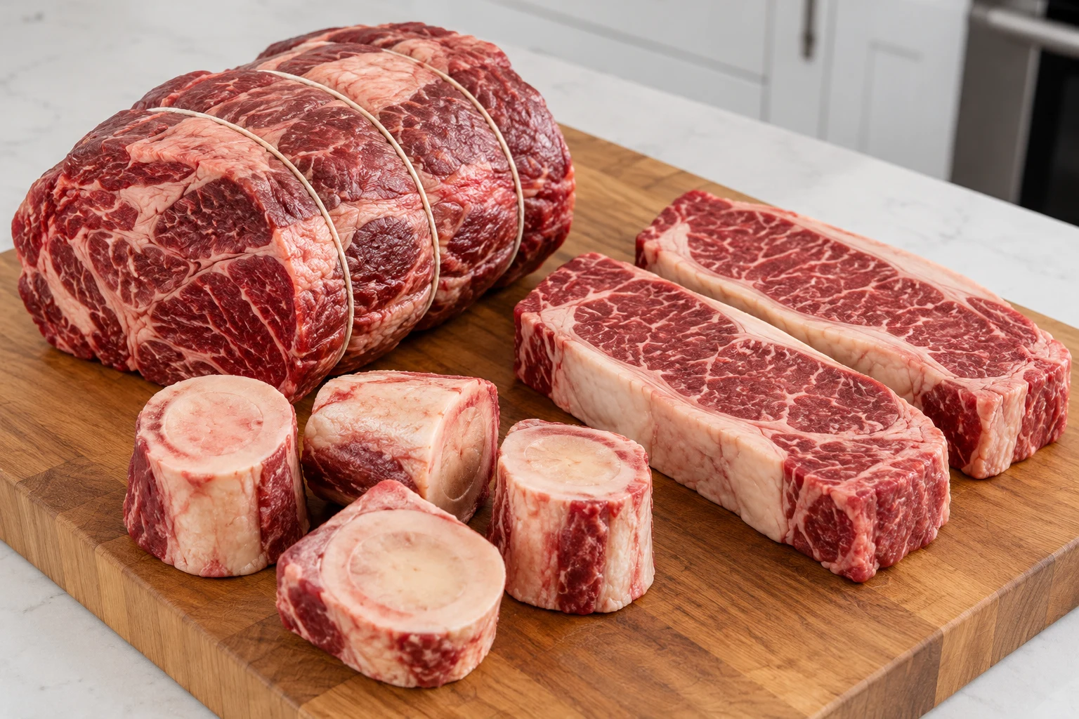 A tied beef chuck roast, thick beef steaks, and marrow bones arranged together on a plain cutting board.