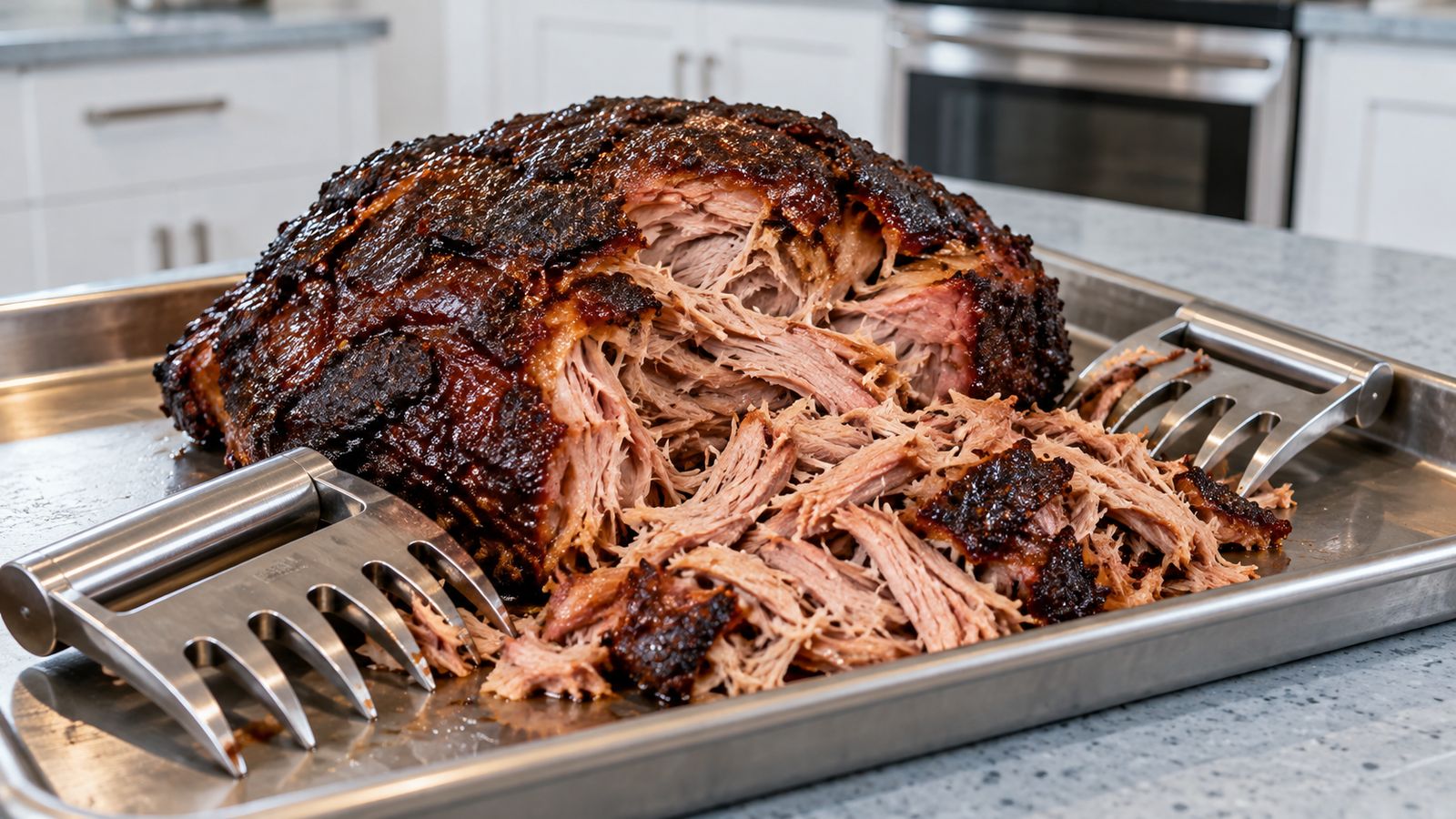 A smoked pork shoulder sits on a stainless tray with meat claws beside tender pulled strands and dark bark.