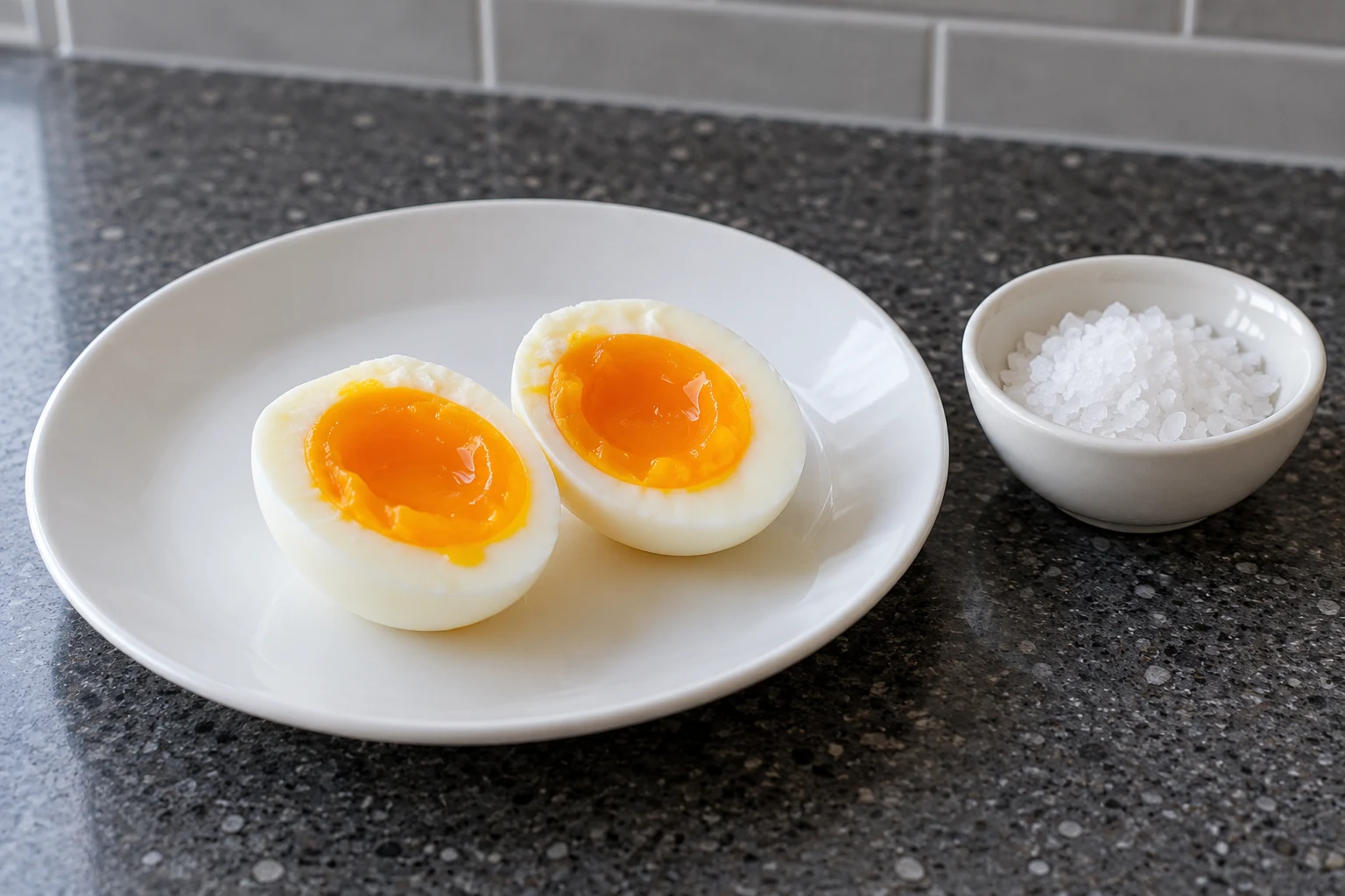 Two soft-boiled egg halves beside a small bowl of coarse salt.