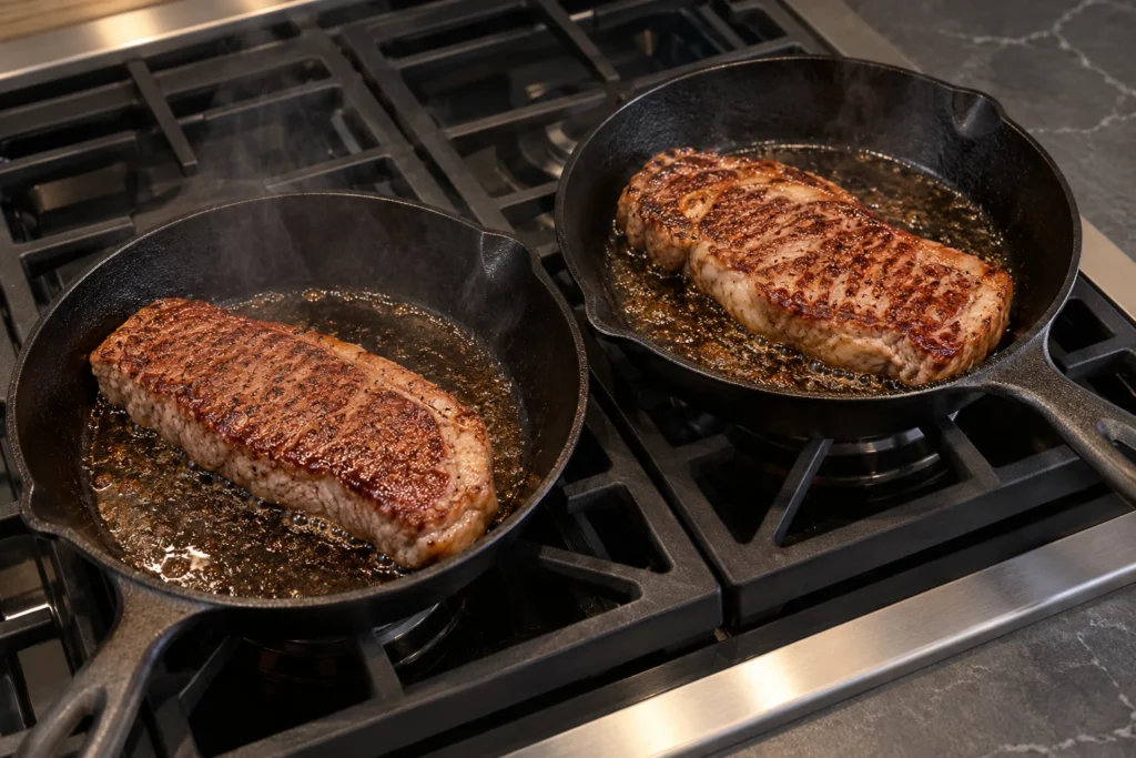 A leaner and a more heavily marbled beef steak searing separately in cast-iron skillets.