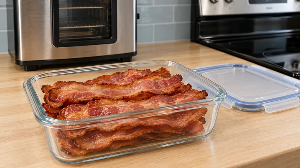 Cooked turkey bacon strips in a clear glass storage container with the lid beside it.