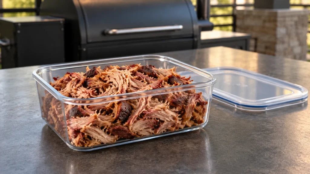 Pulled pork in an unlabelled clear storage container.