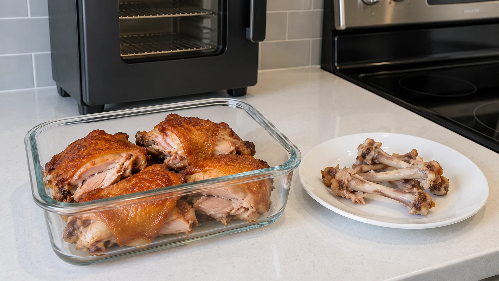 Smoked chicken thighs stored in a container after cooking.