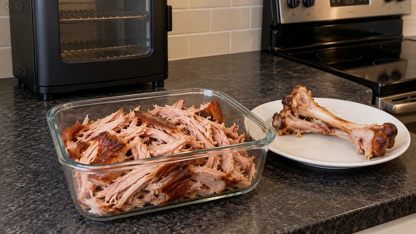 Pulled smoked turkey leg meat in a clear glass container with clean bones beside it.