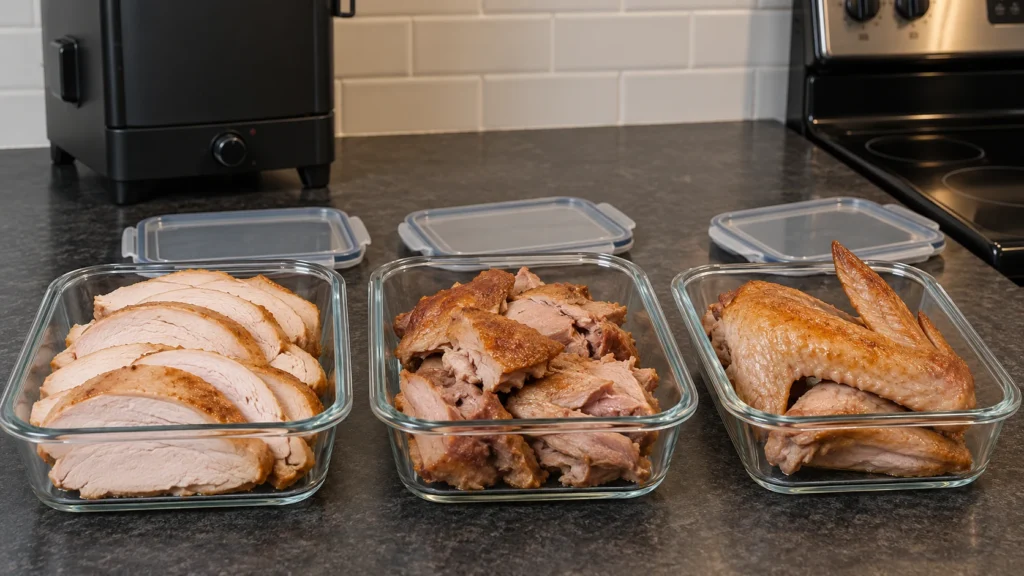 Turkey breast slices, thigh pieces, and wings in separate clear glass storage containers.
