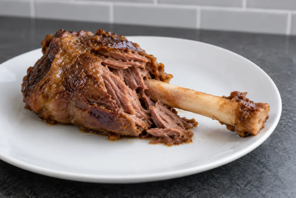 A tender cooked lamb shank with the bone releasing cleanly from the meat.