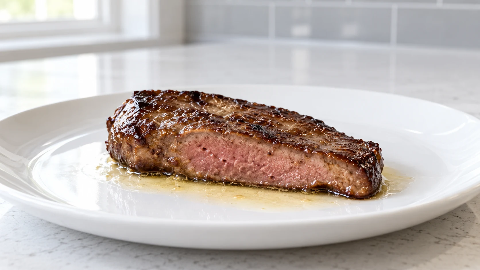 Pan-seared beef liver with a tender blush-pink center and clear melted butter.