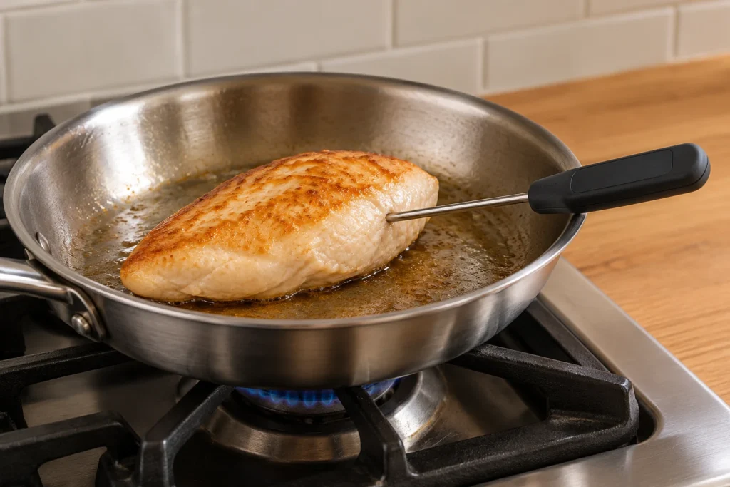 A plain chicken breast cooking in a skillet with an instant-read thermometer correctly inserted into its thickest center.
