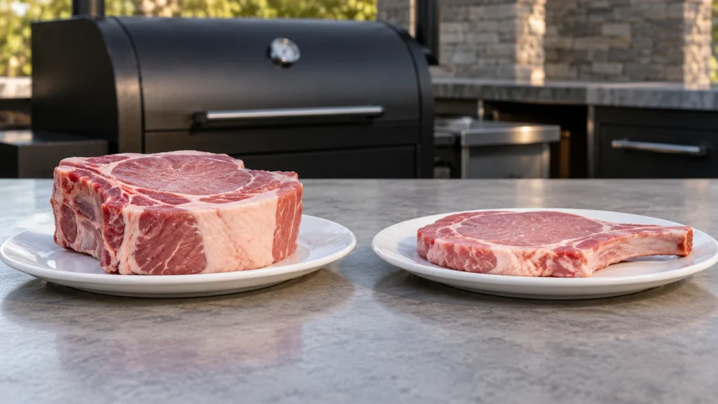 A thick and a thin bone-in pork chop on separate white plates.