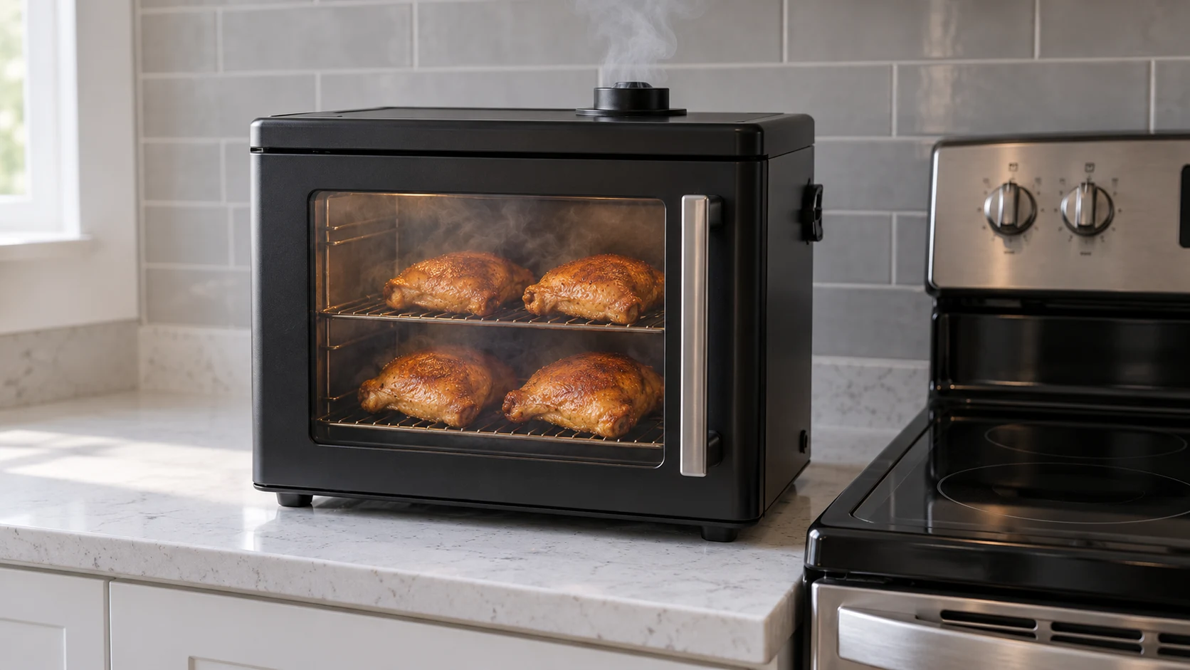 Chicken thighs smoking under thin, clean blue-tinted smoke in an open smoker.