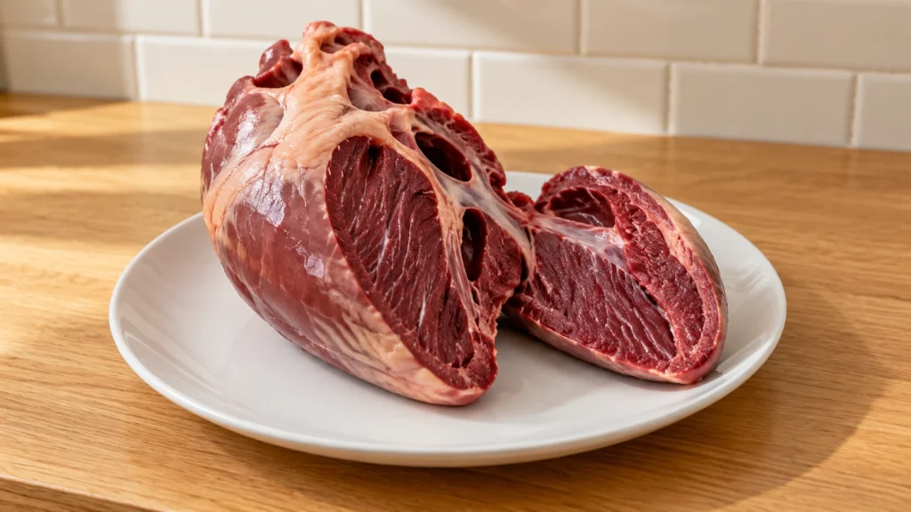 A trimmed beef heart cut open to show its dense muscle structure.