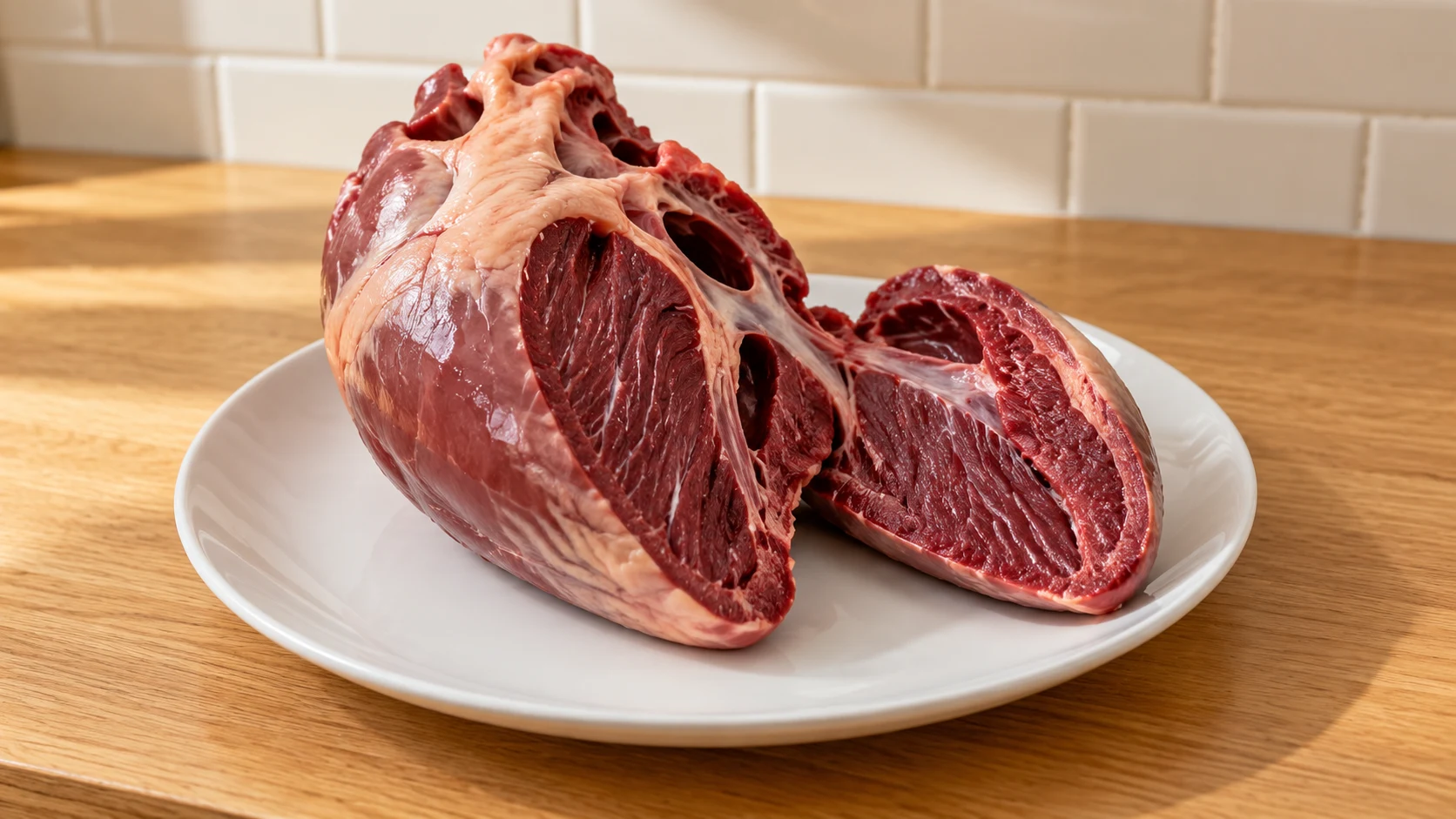 A trimmed beef heart cut open to show its dense muscle structure.