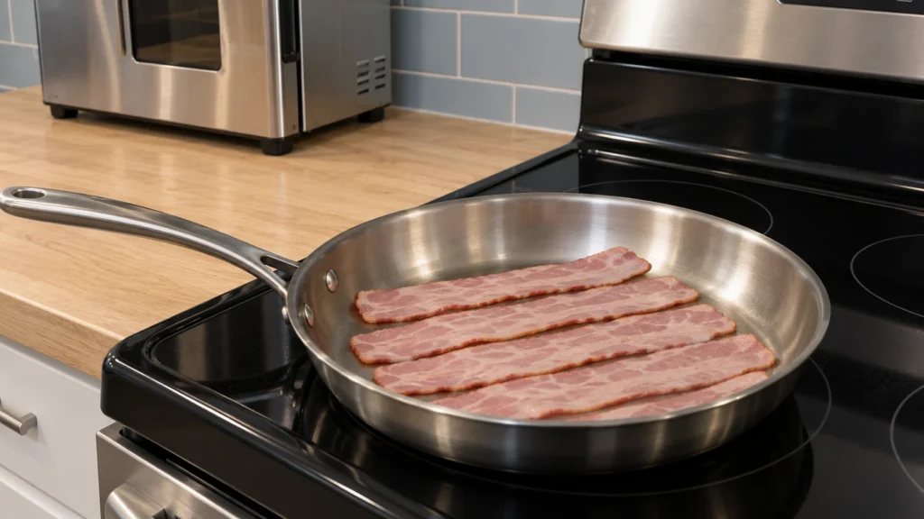 Plain turkey bacon strips laid flat in a cold stainless skillet on an electric range.