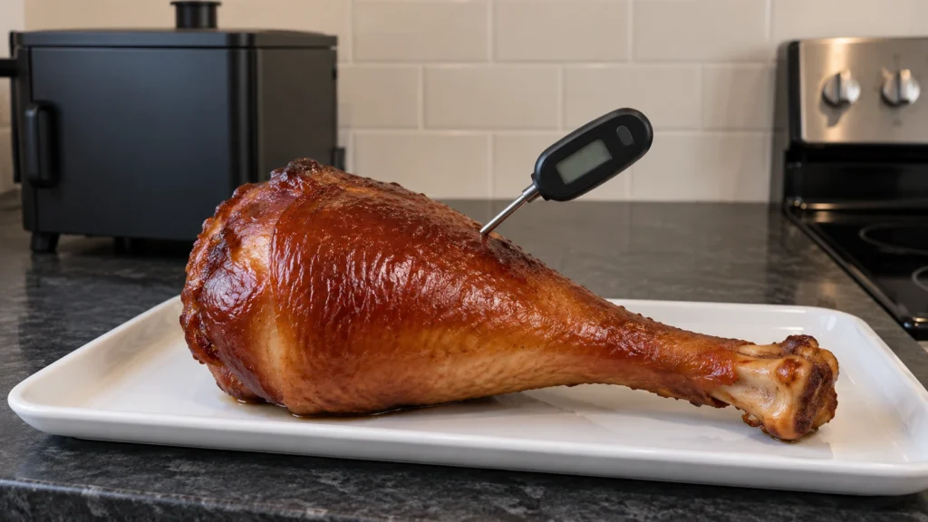 A smoked turkey leg with a probe thermometer inserted near the thickest meat.