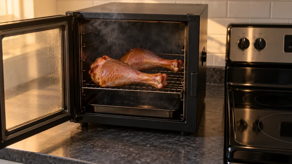 Two turkey legs smoking on a rack inside a compact black countertop electric smoker.
