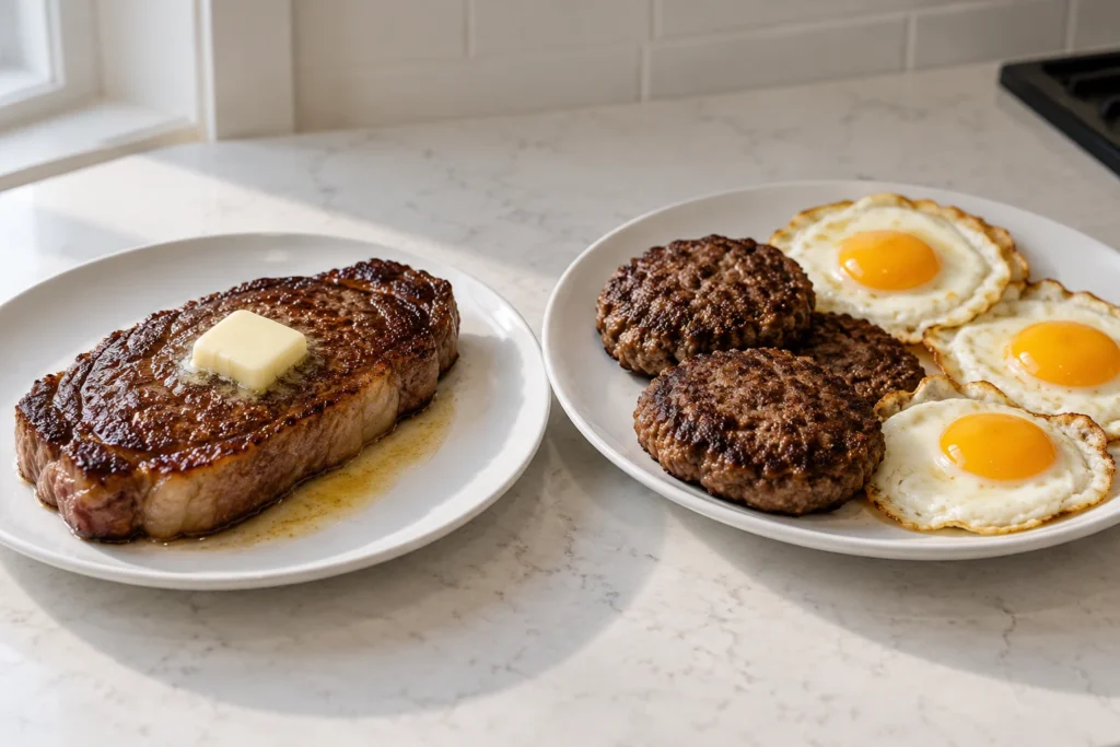 A steak with butter on one plate and beef patties with fried eggs on another plain white plate.