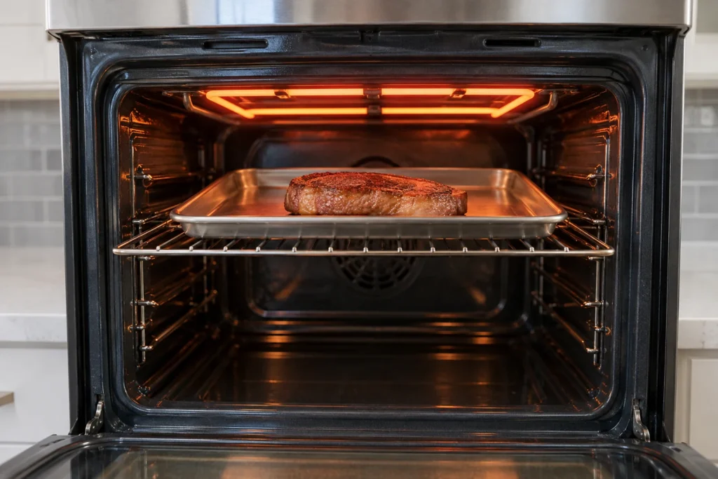 A plain steak on a sheet pan positioned below an active oven broiler.