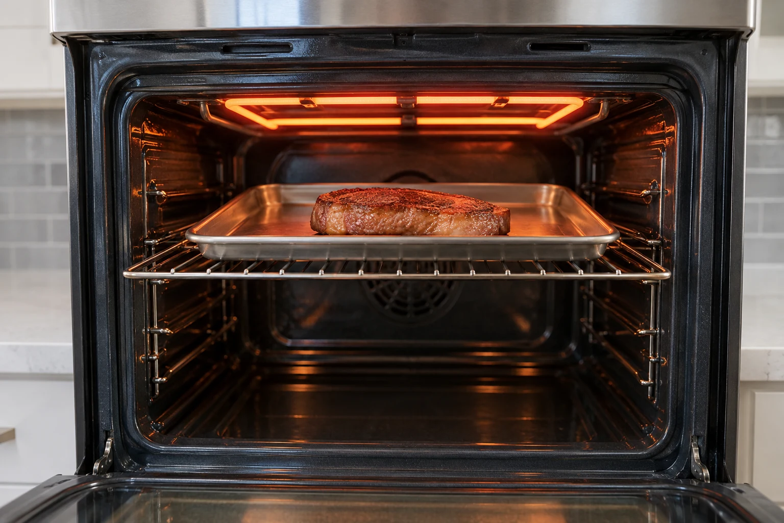 A plain steak on a sheet pan positioned below an active oven broiler.