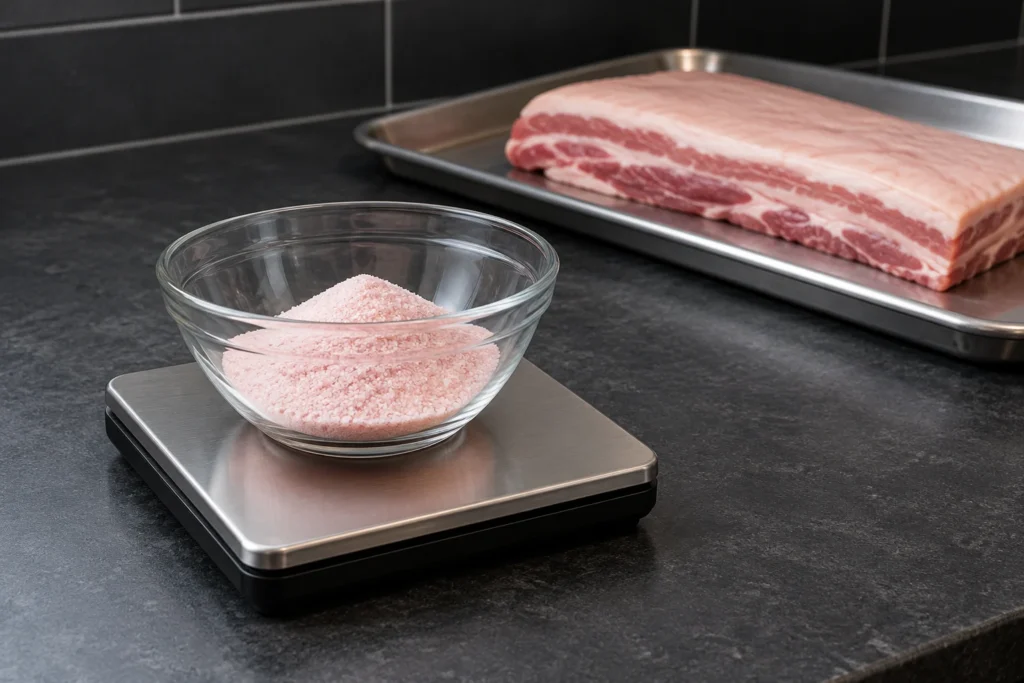 A small bowl of pale pink curing salt on a digital kitchen scale beside a raw pork belly slab.
