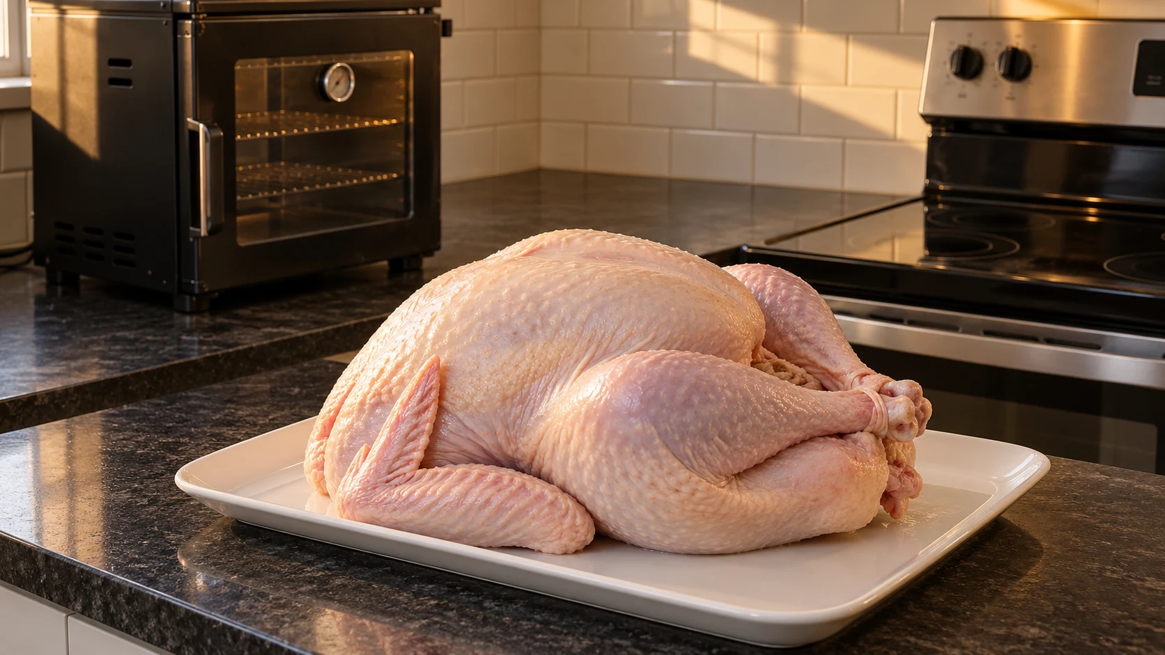 A plain whole raw turkey on a white tray in a normal apartment kitchen.