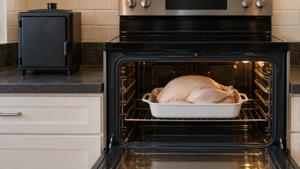 A whole turkey in a white roasting pan on the middle rack of a standard electric oven.