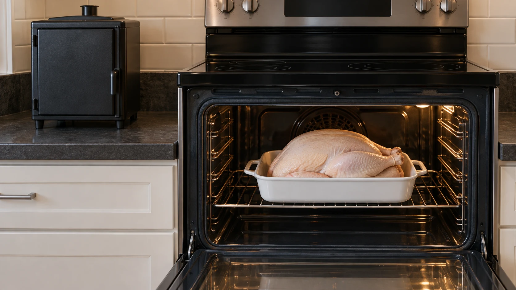 A whole turkey in a white roasting pan on the middle rack of a standard electric oven.