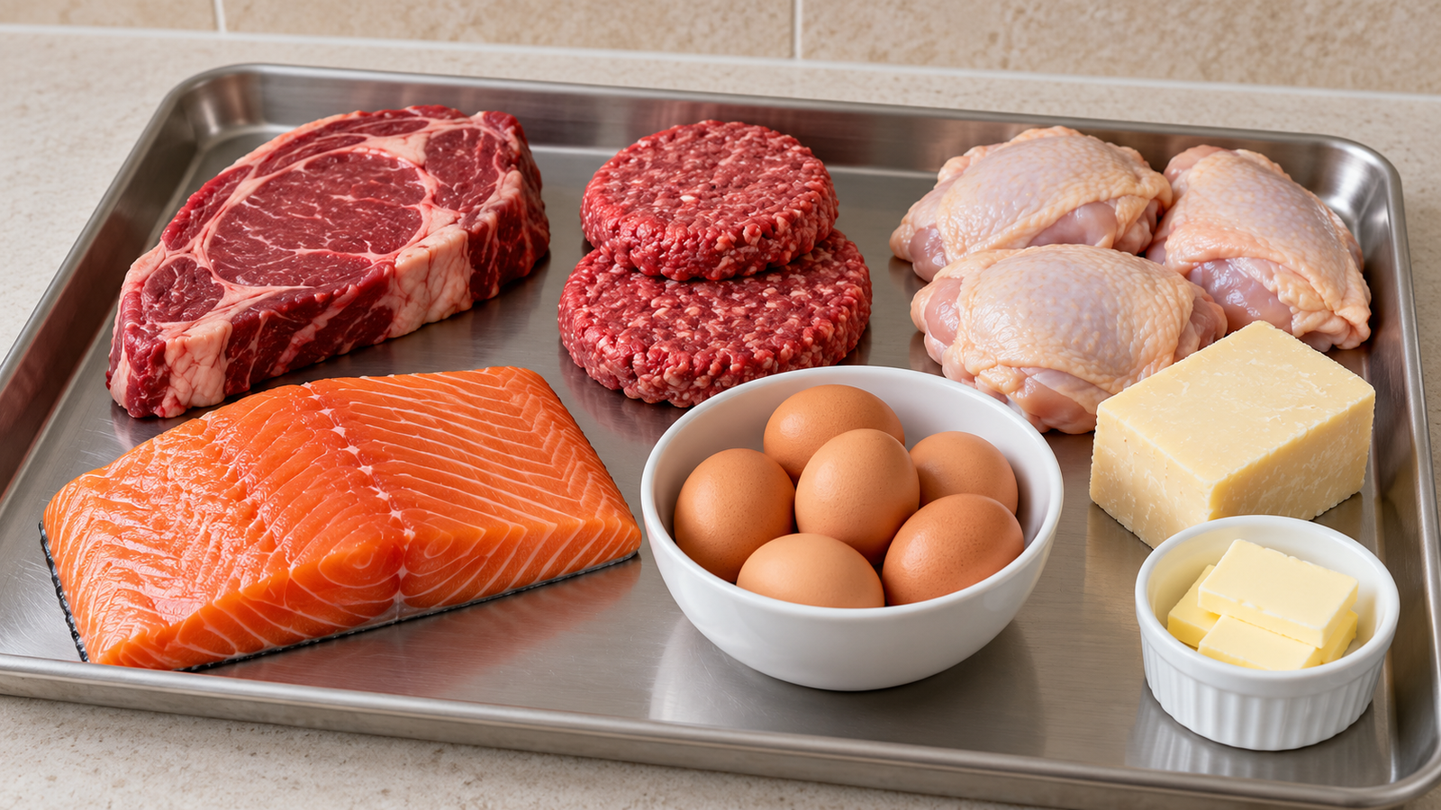 A practical selection of meat, eggs, and dairy arranged in a contemporary home kitchen.