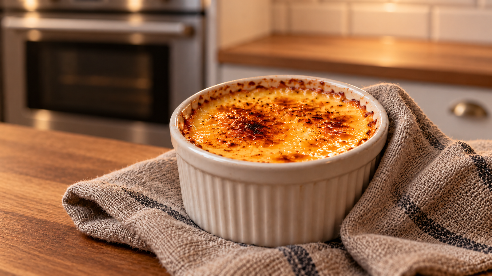 A baked egg custard in a small dish on a clean counter in a contemporary home kitchen.