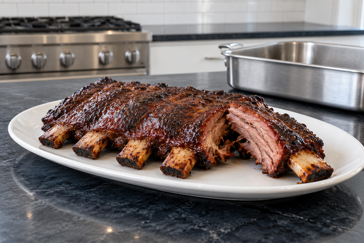 Tender grilled beef back ribs in a contemporary home kitchen.