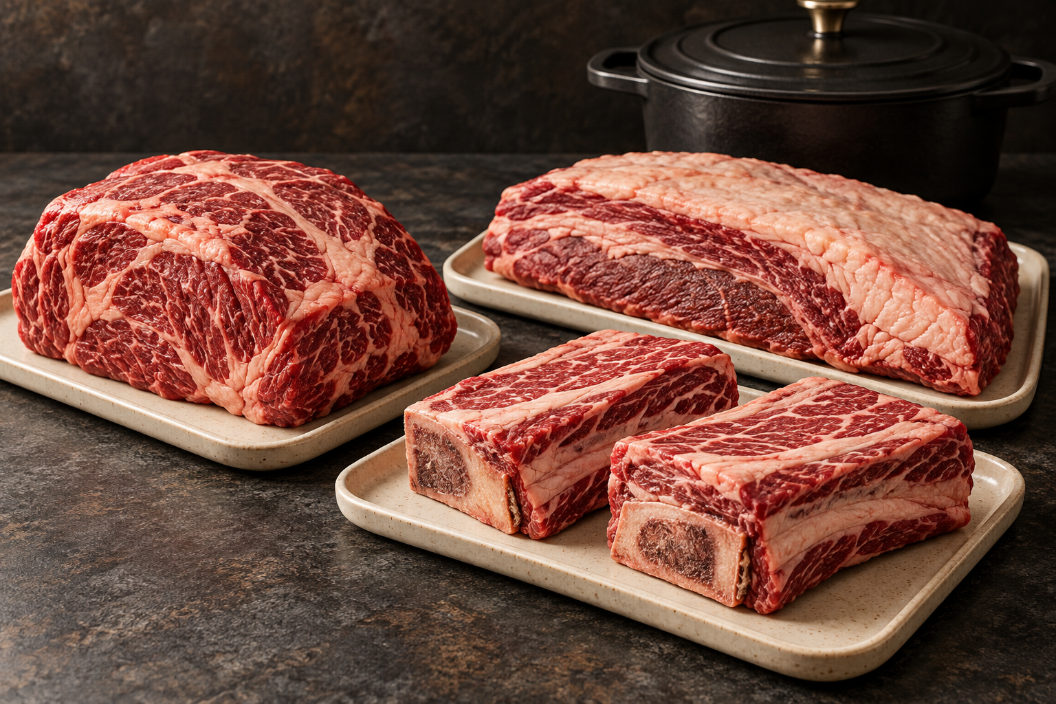 Chuck roast, brisket, and bone-in short ribs arranged separately for braising.