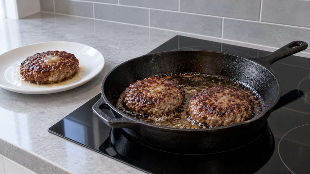 Beef liver patties cooking in a cast-iron skillet on a slate counter in a contemporary home kitchen.