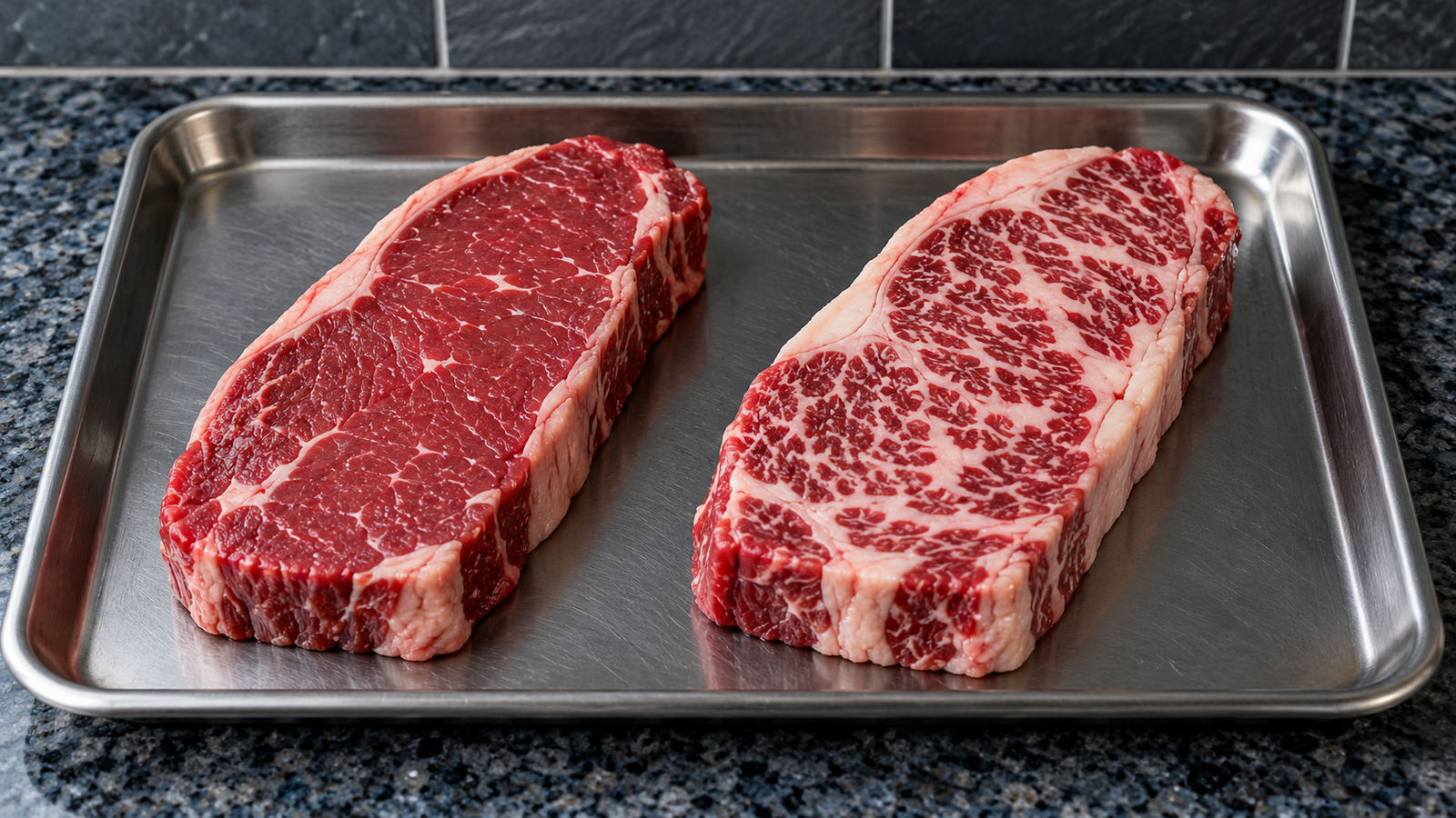 Two beef cuts with visibly different marbling levels on a blue granite counter in a contemporary home kitchen.