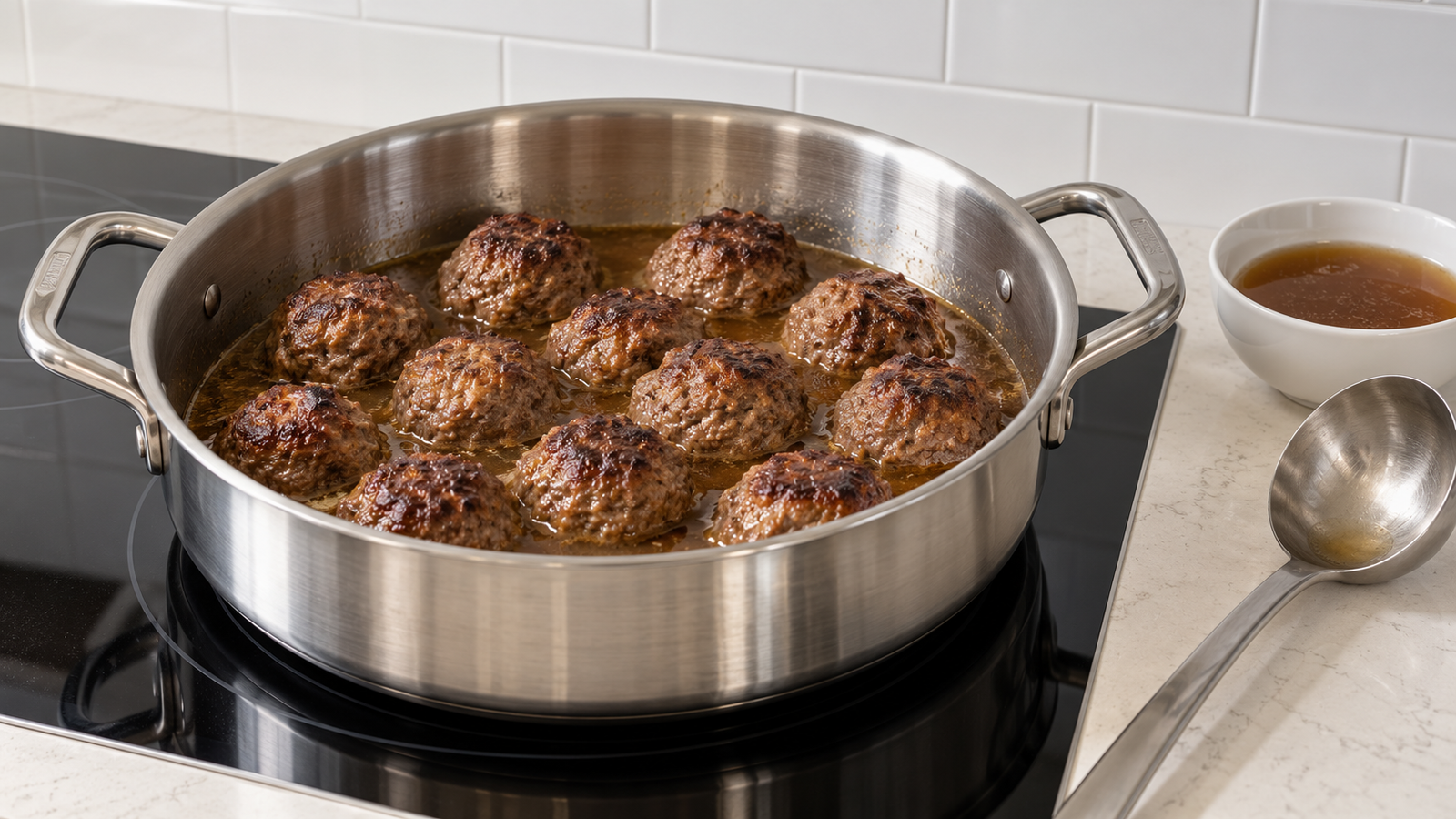 Beef meatballs in reduced broth on an ivory quartz counter in a contemporary home kitchen.