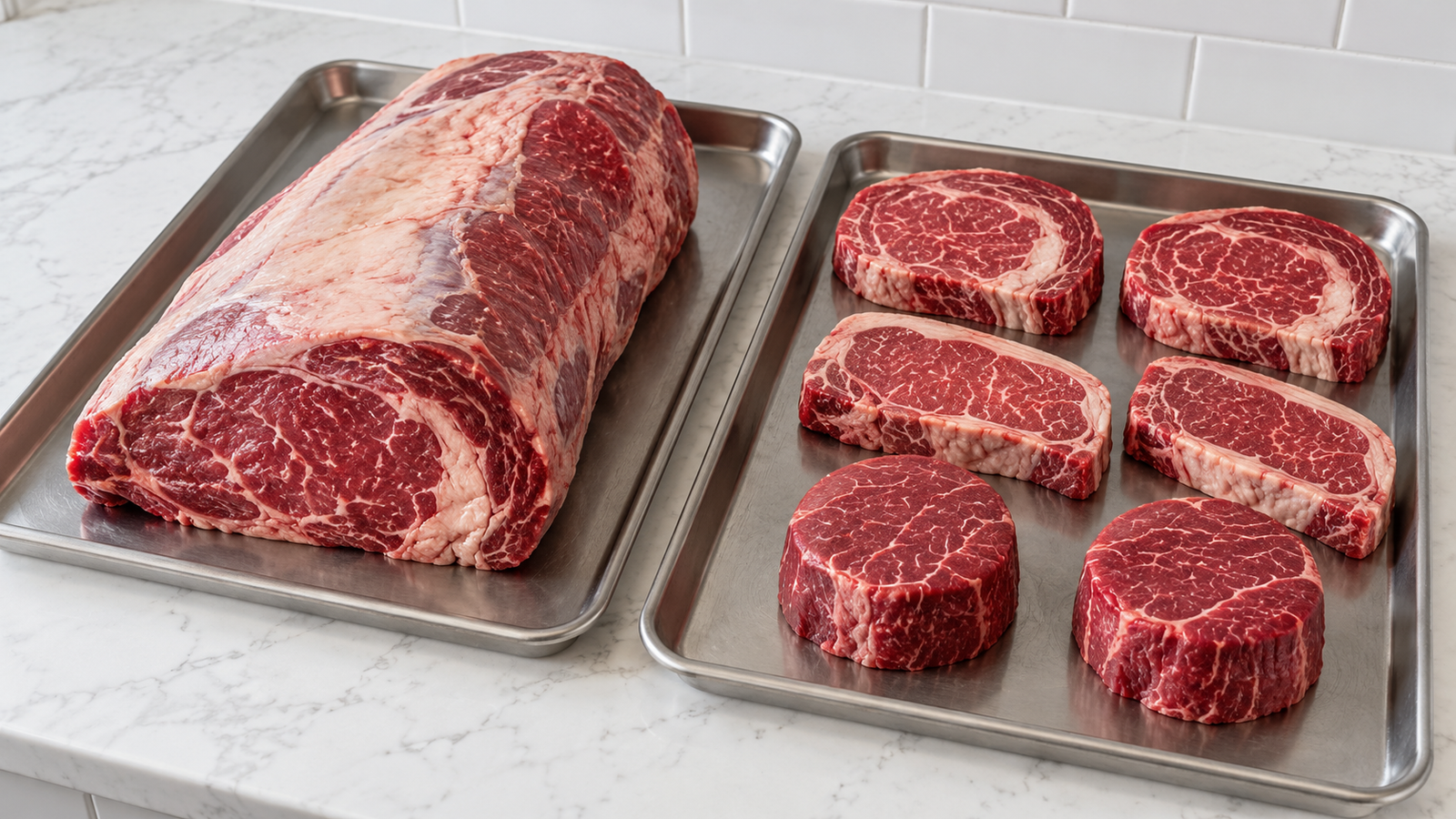 A selection of beef cuts arranged for fast and slow cooking on a white quartz counter in a contemporary home kitchen.