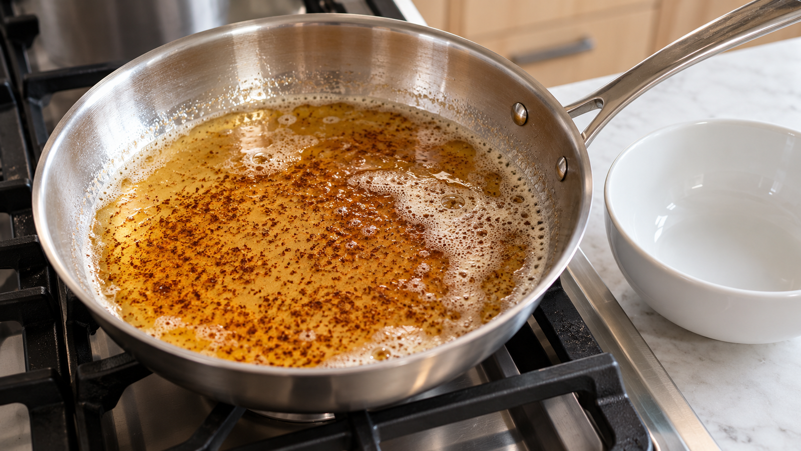 Amber brown butter at the correct stage on a light oak counter in a contemporary home kitchen.