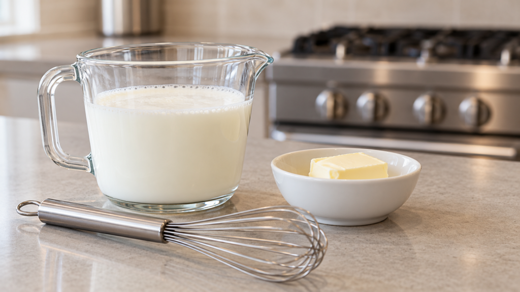 Buttermilk and butter shown together on a pale sand counter in a contemporary home kitchen.