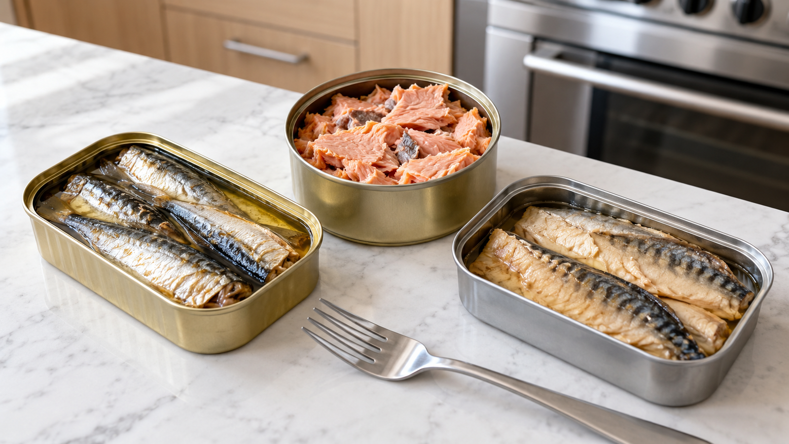 Canned sardines, salmon, and mackerel arranged on a light oak counter in a contemporary home kitchen.