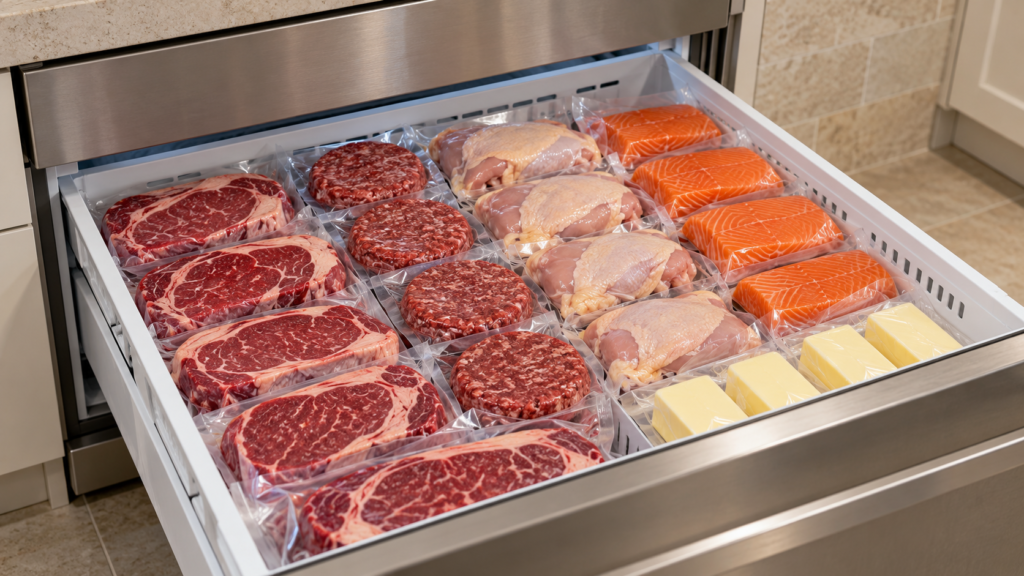 An organized freezer holds portions of meat for a practical carnivore meal system.