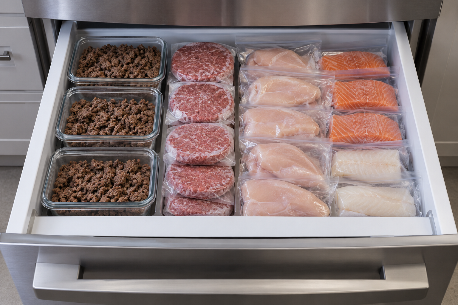 An organized freezer drawer holds portions of meat for simple carnivore meal planning.