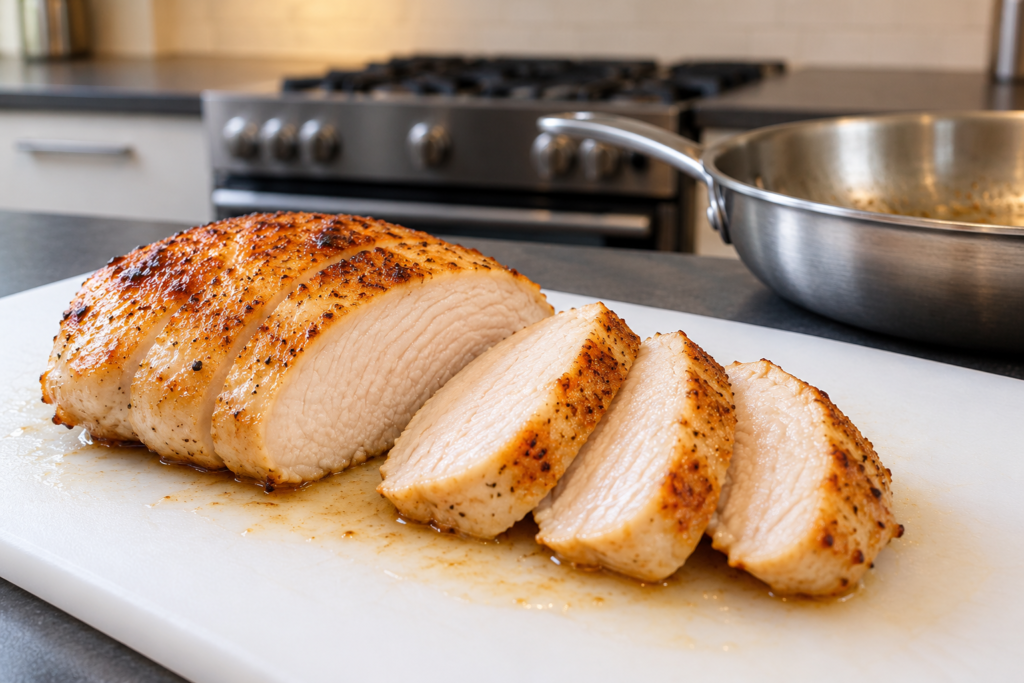 Juicy sliced chicken breast with a cooked interior in a contemporary home kitchen.