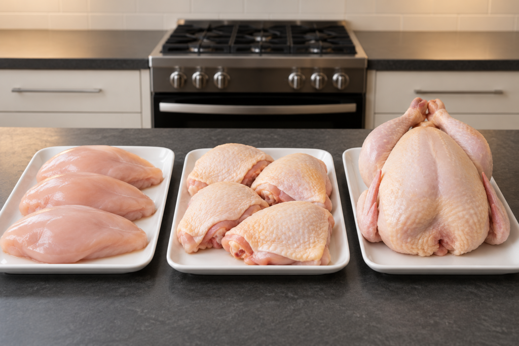 Chicken breast, thigh, and whole chicken cuts shown for different cooking approaches in a contemporary home kitchen.