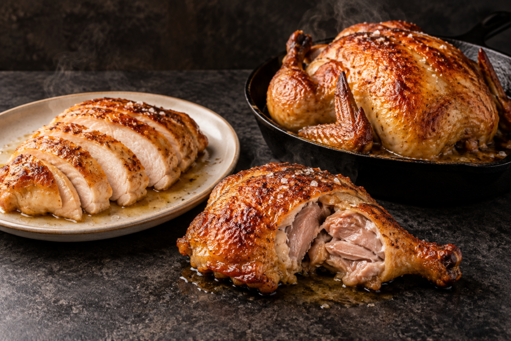 Juicy sliced chicken breast, a crisp chicken thigh, and a whole roast chicken shown together.
