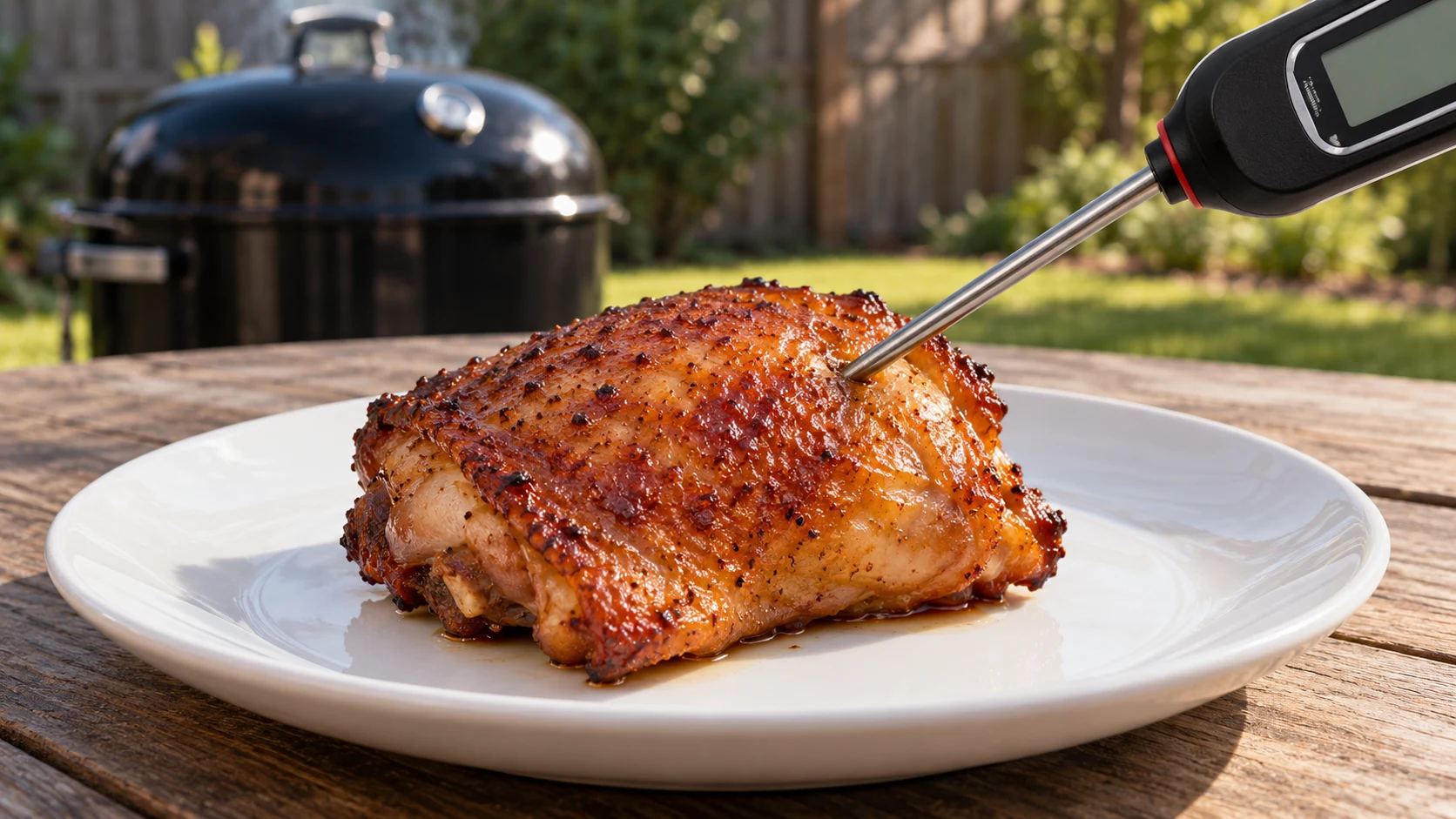 A probe thermometer inserted naturally into a crisp smoked chicken thigh.