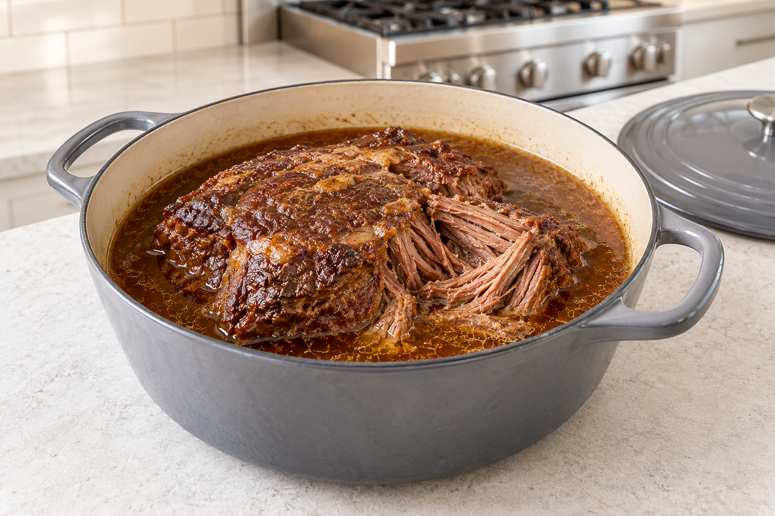 A beef chuck pot roast braised in bone broth in a contemporary home kitchen.