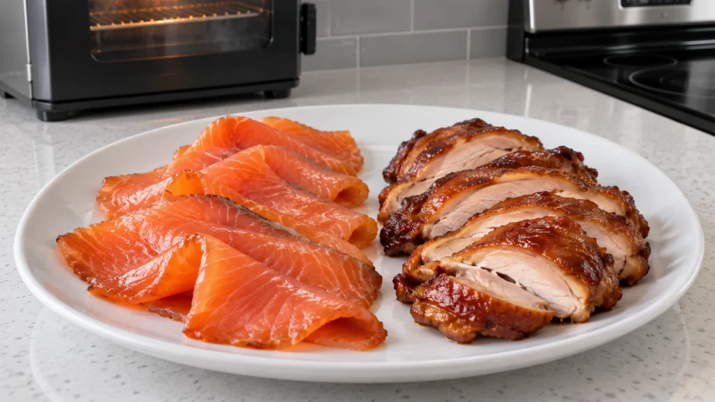 Cold-smoked salmon slices beside hot-smoked chicken thigh slices on one white plate.