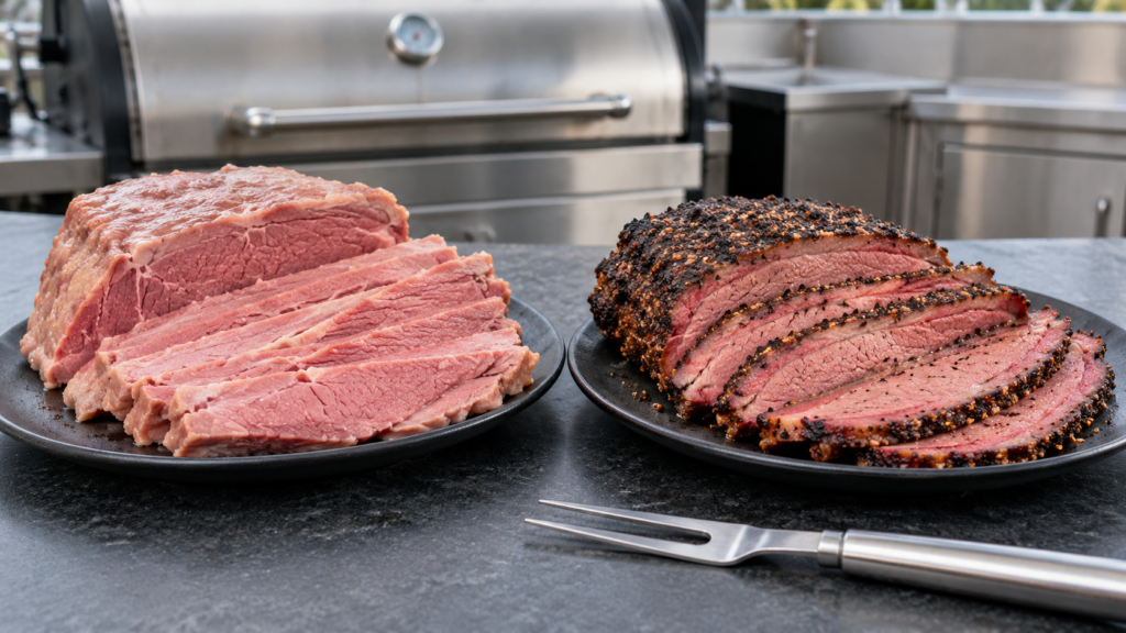 Corned beef and pastrami shown side by side on a slate counter in a contemporary home kitchen.