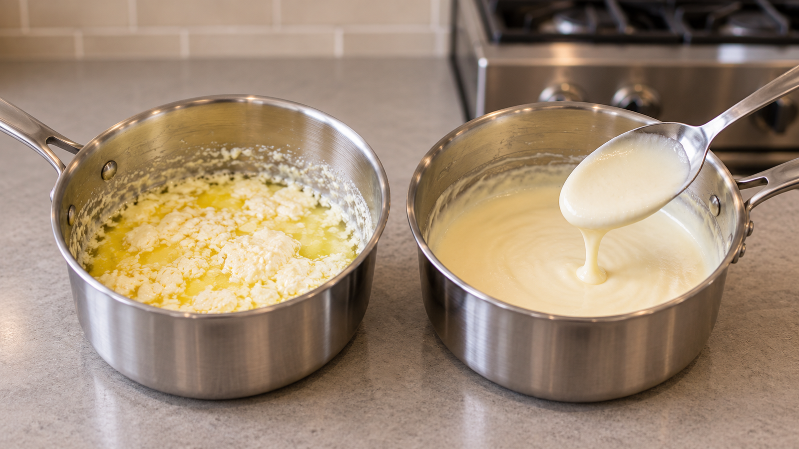 Smooth and broken cream sauces compared on a pale sand counter in a contemporary home kitchen.