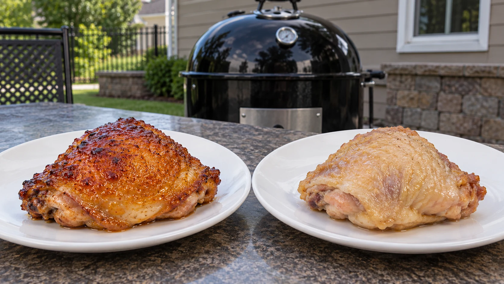 A crisp golden chicken thigh beside a pale rubbery-skinned chicken thigh.