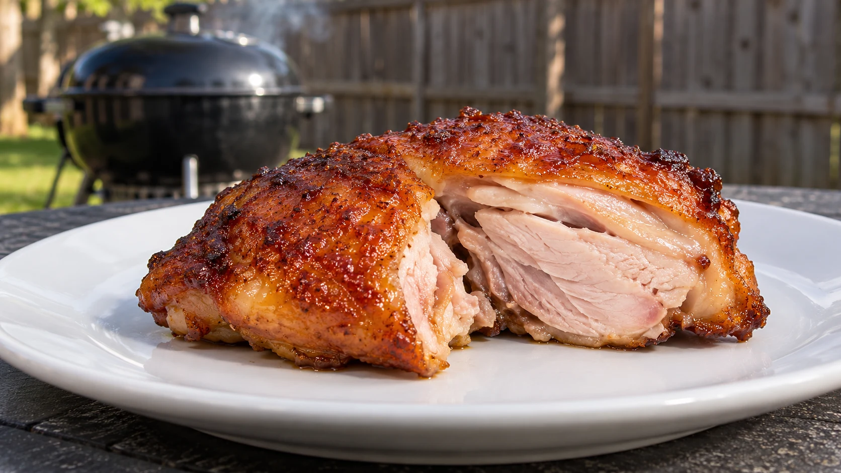 A crisp skin-on chicken thigh cut open to show cooked meat.